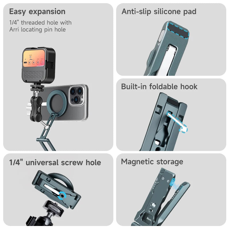 XILETU Magsafe Magnetic Cell Phone Tripod Stand with Hook Foldable Desktop Holder for iPhone Desktop Selfie Video Mobile Tripods