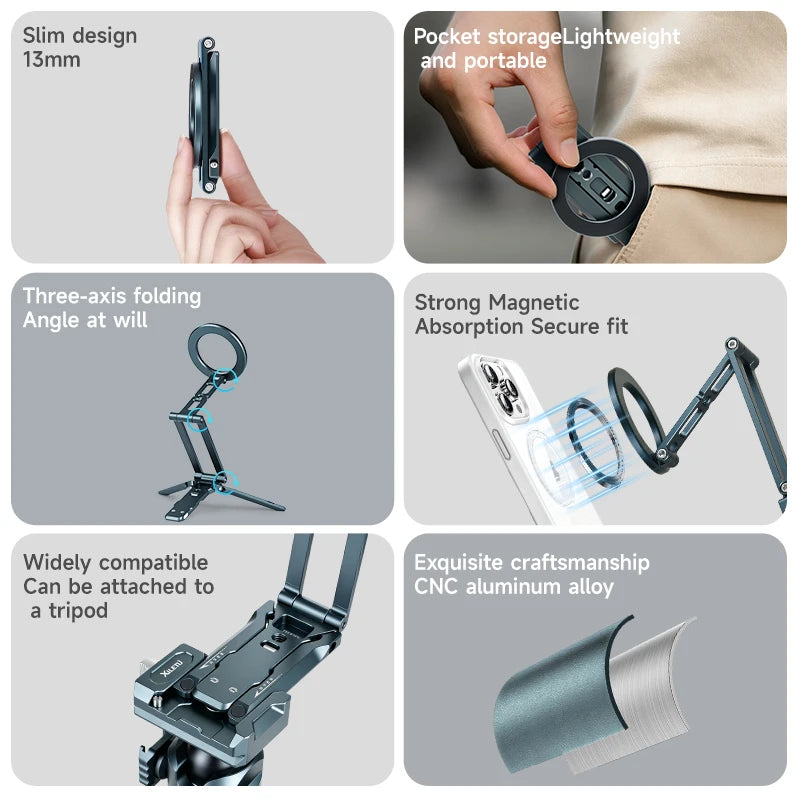 XILETU Magsafe Magnetic Cell Phone Tripod Stand with Hook Foldable Desktop Holder for iPhone Desktop Selfie Video Mobile Tripods